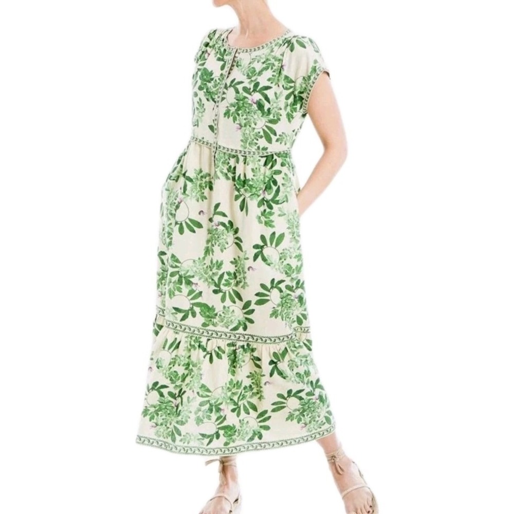 Max Studio Linen Blend Dress Size S Green Beige Floral Boho Pockets Midi